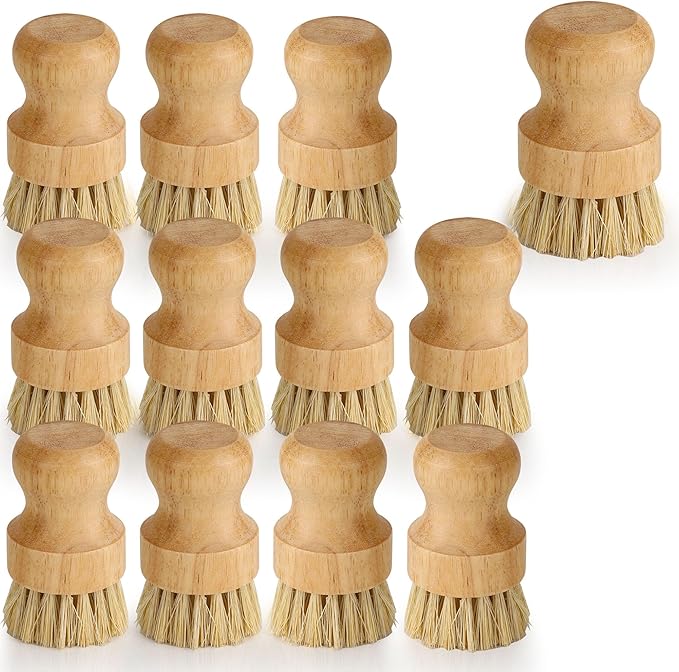 Axigundaone 12 Pack Bamboo Palm Dish Brush Bulk, Bamboo Dish Scrubber, Wood Scrub Dish Brush for Dishes Pans, Pots,Vegetables Cleaning