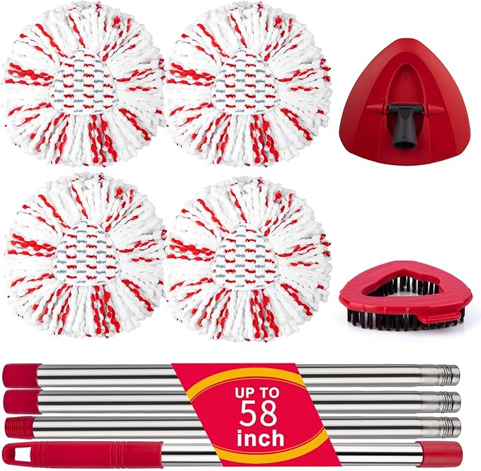 Spin Mop Replace Head for O Cedar 1 Tank EasyWring, 40% More Cleaning Power, Upgraded Scrub Brush Replacement Head for Ocedar, Include 4 Microfiber Mop Refills, 1 Brush,1 mop Stick,1 Base