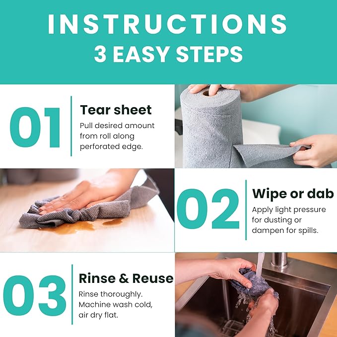 Microfiber Cleaning Cloth Roll, Reusable Tear Away Towels, Ultra Absorbent Dish Rags for Car, Home, Garage (Grey 180 GSM Thickness)