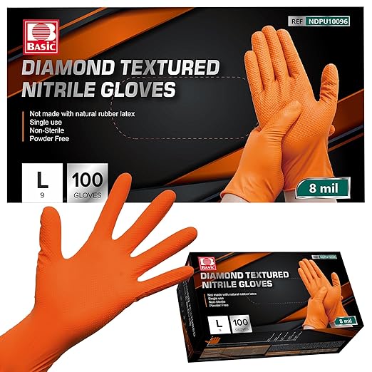 Jointown Basic Heavy Duty Nitrile Gloves, Mechanic Gloves 8 Mil Nitrile Disposable, with Raised Diamond Texture, Case of 100, Orange, Large