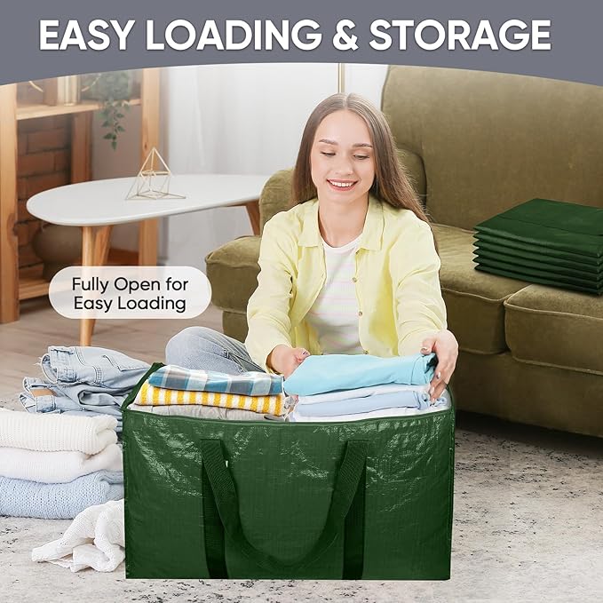 TICONN 6 Pack Extra Large Moving Bags with Zippers & Carrying Handles, Heavy-Duty Storage Tote Moving Boxes for Space Saving (6 Pack, Olive)