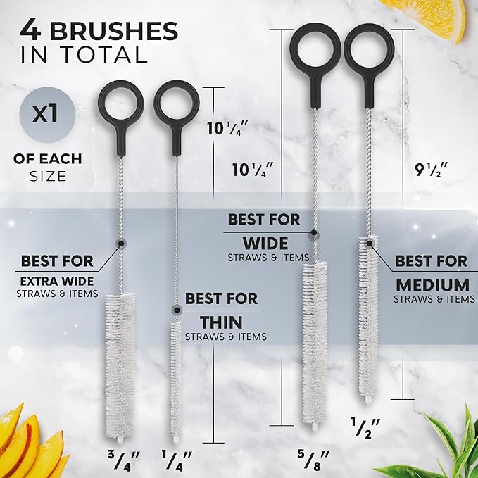 Buenalife Heavy Duty Cleaning Brushes Set of 4 - Extra Long Straw Cleaners for Metal and Plastic Reusable Drinking Straws, to Clean Small Spaces, Sippy Cups, Water Bottles - Sturdy Hard Brush Bristles
