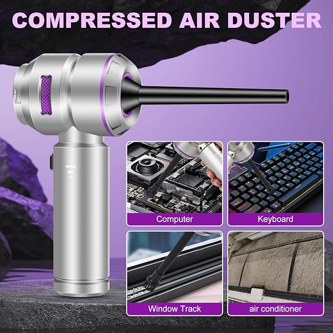 TianJQiS Handheld Car Vacuum Portable Cordless - 18000PA High Power with Brushless Motor, 4-in-1 Air Duster, Blower, Pump & Rechargeable Mini Vacuum for Car, Home, Office (Silver Grey+Purple)