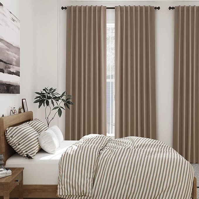 Nanspring Tan 100% Blackout Curtains 63 inches Long for Bedroom Boho Farmhouse Back Tab Rod Pocket Thermal Insulated Textured Short Room Darkening Curtains 2 Panels Set 52x63 Inches