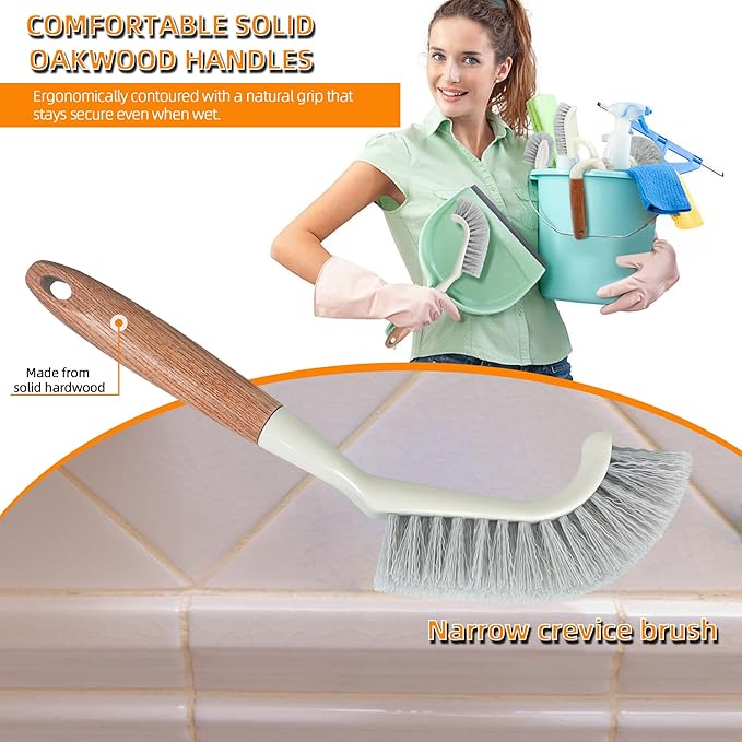Attoshow 5-Pack Heavy Duty Scrub Brushes Set with Wooden Handles, Multi-Surface Scrubber for Kitchen, Bathroom, Tile & Grout, Includes Spherical, Triangle, Square & Dish Brush for Stubborn Stains