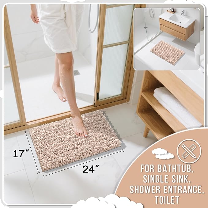 Yimobra Bathroom Rugs Non Slip Washable 24x17 Inch - Ultra Soft Absorbent Chenille Bath Mat, Quick Dry Shaggy Floor Carpet for Tub Shower, Pinkish Beige Home Decor Accessories