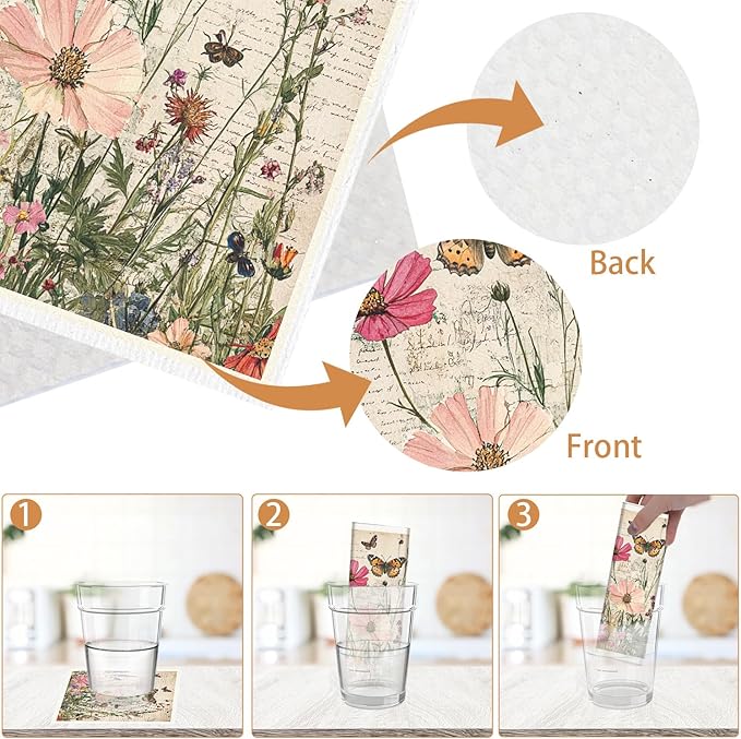 Vintage Floral Swedish Dishcloths for Kitchen 6PCS Floral Swedish Cloths for Washing Dishes Reusable Retro Wildflower Themed Washable Kitchen Towels Sponge Cloths for Home Party Cleaning