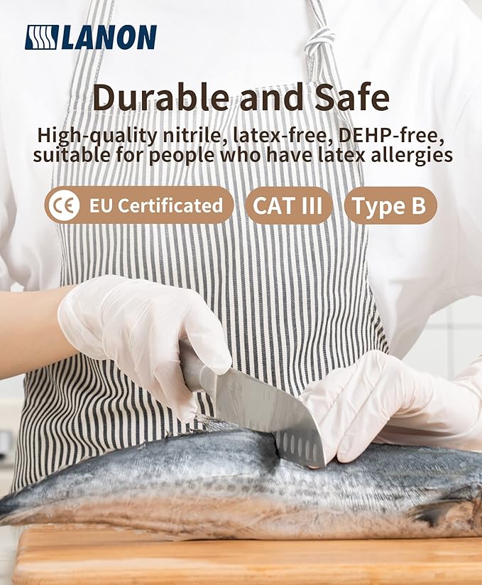 LANON Food Safe White Disposable Nitrile Gloves, Latex-Free, Powder-Free, Textured Fingertips, Cooking, Cleaning, Small