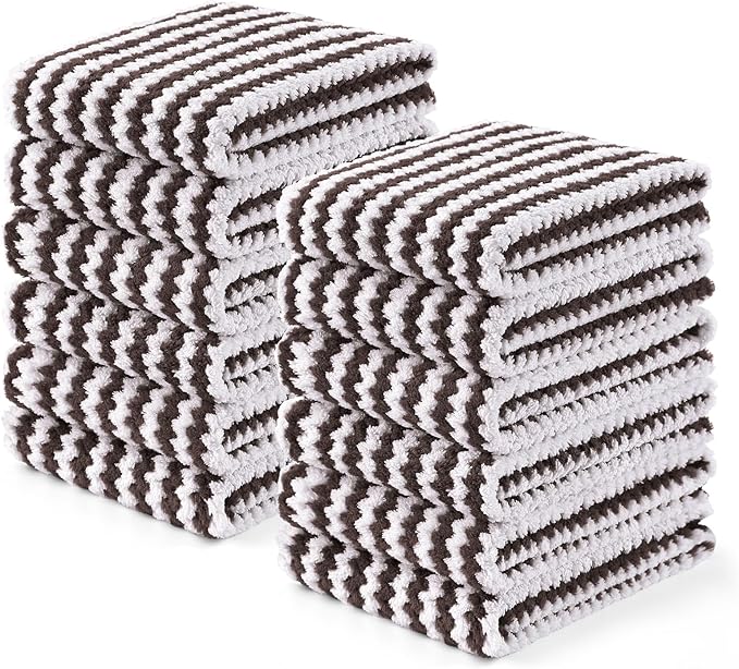 Homaxy Kitchen Towels(12 Pack, 10 x 20 inches), Ultra Soft and Absorbent Dish Towels, Reusable Fast Drying Microfiber Cleaning Cloth, Coral Velvet Wave Design No-lint, Brown