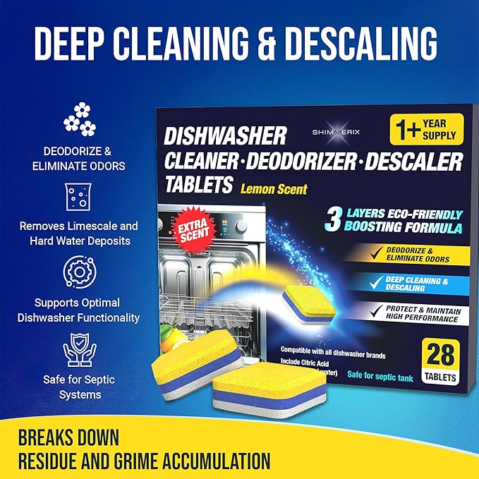 Washing Machine & Dishwasher Cleaner Tablets for Pet Owners - Front & Top Load Washer Deep Clean - Remove Pet Hair & Odors - Hard Water Descaler with Citric Acid - HE & Septic Safe - 56 Tabs - Lemon S