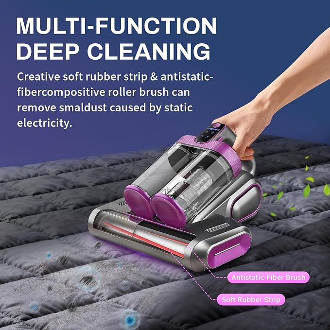 SRGARH Cordless Mattress Vacuum Cleaner, 16kpa Bed Vacuum Cleaner with 253.7nm Uv-C Light & Ultrasonic Tech Dual Bins for Dust & Widen Suction Port 120w for Bed Sofa & Pet Hair(Purple)