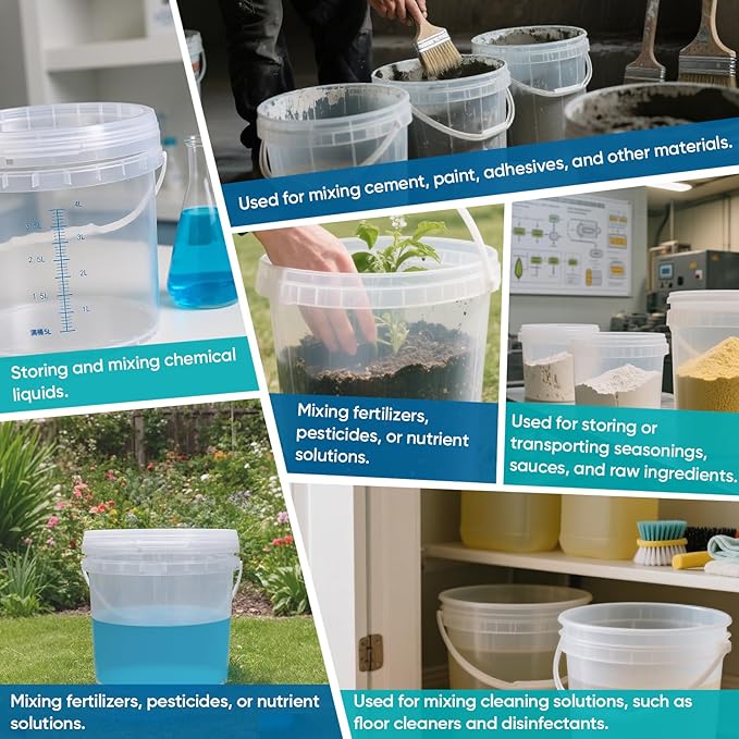 ASEVAT 1.3Gal 2Pack Clear Bucket Graduated Pail Container with Lid, Food Grade Buckets, Cleaning Containers Plastic Pails Extra Durable Handles with Grip for Easy Carrying