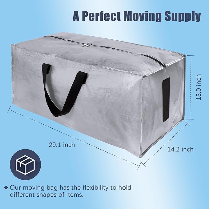 4 Pack Large Strong Bags with Zippers & Carrying Handles - Water-Resistant - Heavy Duty Storage Tote for Space Saving Storage, Fold Flat, Alternative to Moving Box (Silver)