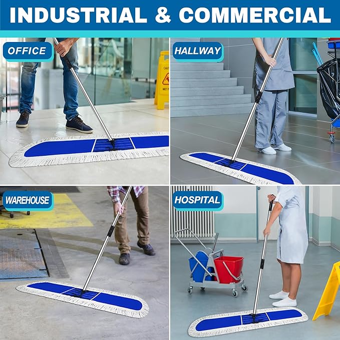 Solipect 48 inch Commercial Dust Mop for Hardwood Floors, Large Size Dry Mop, Reusable Cotton Yarn Head, Telescopic Stainless Steel Handle, Industrial dust mops for Floor Cleaning, Marble, Blue