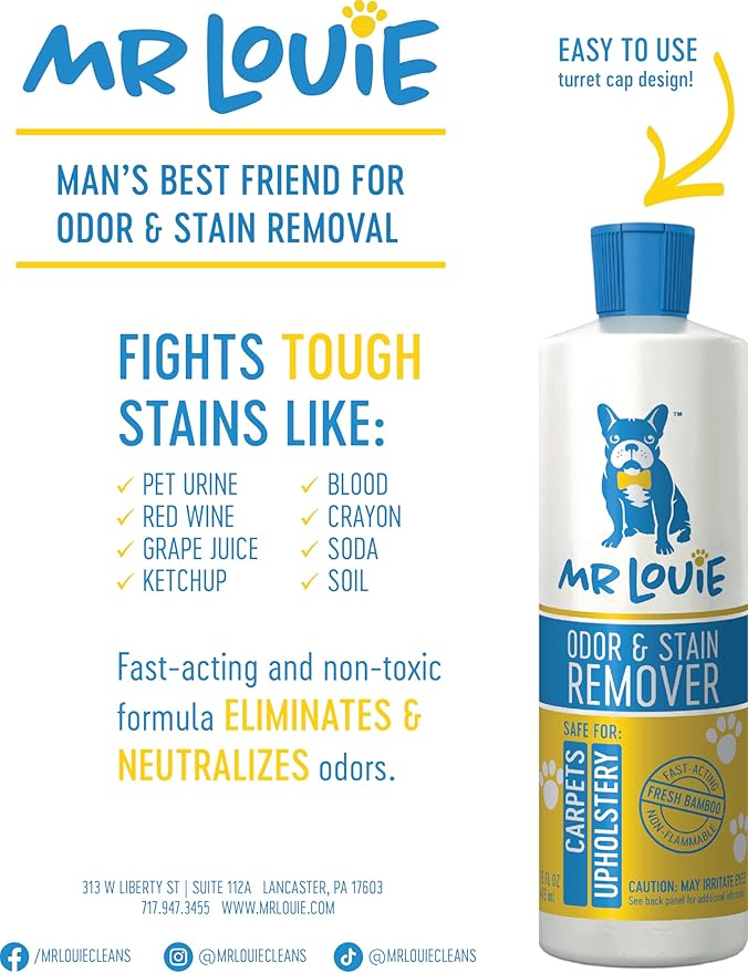 MR LOUIE ODOR & STAIN REMOVER - Safe For Use Around Kids and Pets. Incredibly tough on odors and stains from Blood, to Cat/Dog Urine, Feces, Vomit, to Food Stains like Ketchup, Red Wine, and Coffee.