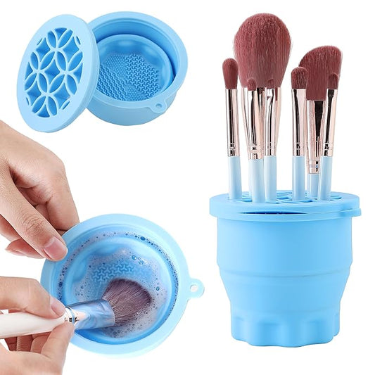 Makeup Brush Cleaner - Foldable Silicone Makeup Brush Cleaner Mat with Brush Storage Holder Makeup Brush Cleaning Bowl Cosmetic Brush Washing Tool for Cleaning Organizer and Drying (Blue)