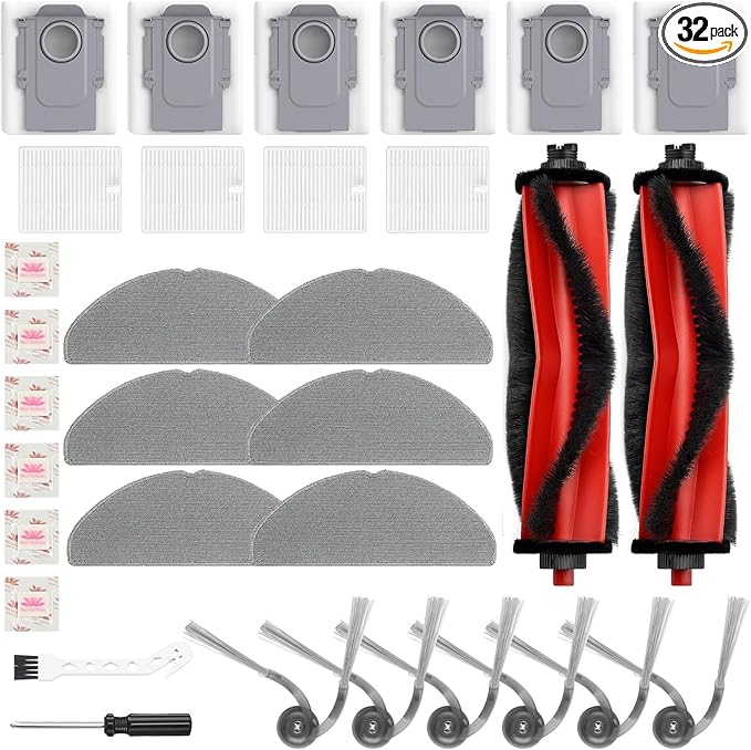 Bpbdzz 32-Piece Accessories Kit for Roborock Q7 M5+/ Q7 M5/ Q7 L5 / Q7 L5+ Robot Vacuum Cleaner,2 Main Brushes,4 Filters,6 Mop Pads & Dust Bags & Side Brushes,1 Cleaning Brush & Screwdriver