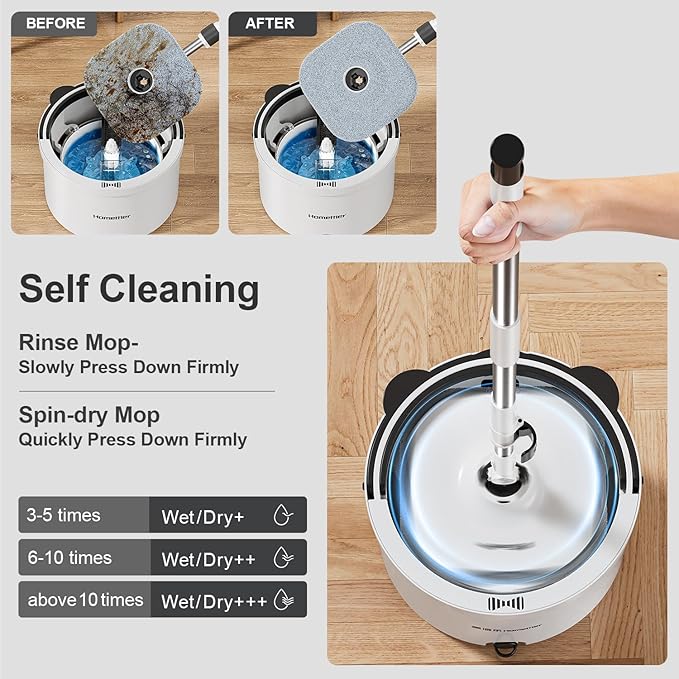 HoMettler Mop and Bucket Set, Spin Mop and Detachable Inner Mop Bucket with Separate Dirty/Clean Water System, Self-Wringing Square Mops for Floor/Wall Cleaning with 6 Microfiber Pads