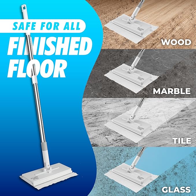 CleanMattix - FlexiClamp Sweep & Mop Kit - Compatible with Swiffer Pads, Durable Cleaning Tool for Hardwood, Tile, Marble & Laminate Floors, Home, Kitchen Cleaning Essentials. (Include 10 Dry Cloths)