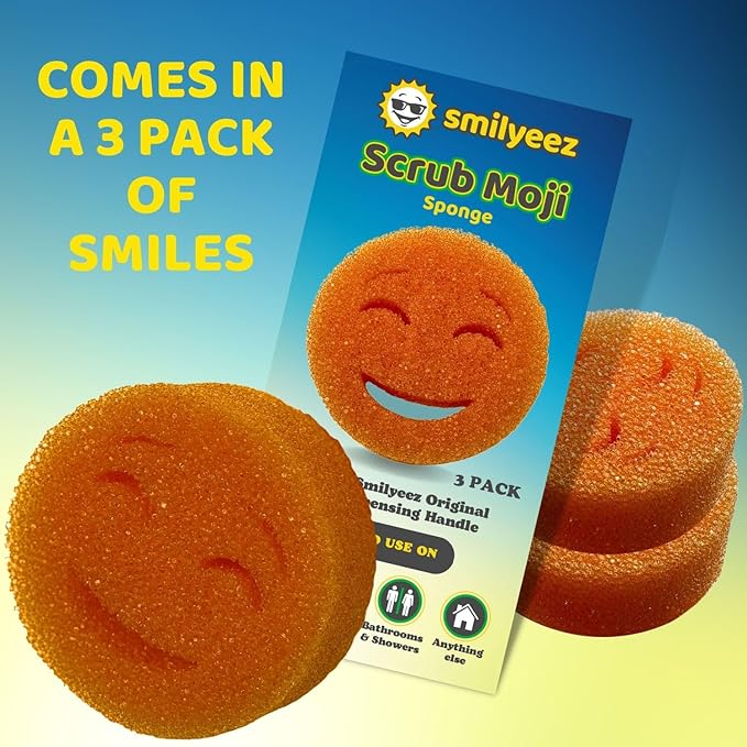 The Original Smiling Handle for Scrub Daddy (Reg. TM) Sponge and Scrub Moji Sponge - (Yellow Handle) & 3 Orange Scrub Moji's