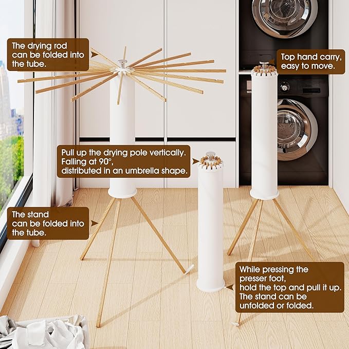 Tripod Clothes Drying Rack Foldable,Floor Standing Drying Rack Clothing,(16 Wood Poles),Laundry Drying Rack,Clothes Hanger Rack,Laundry Rack Folding,Collapsible,Retractable