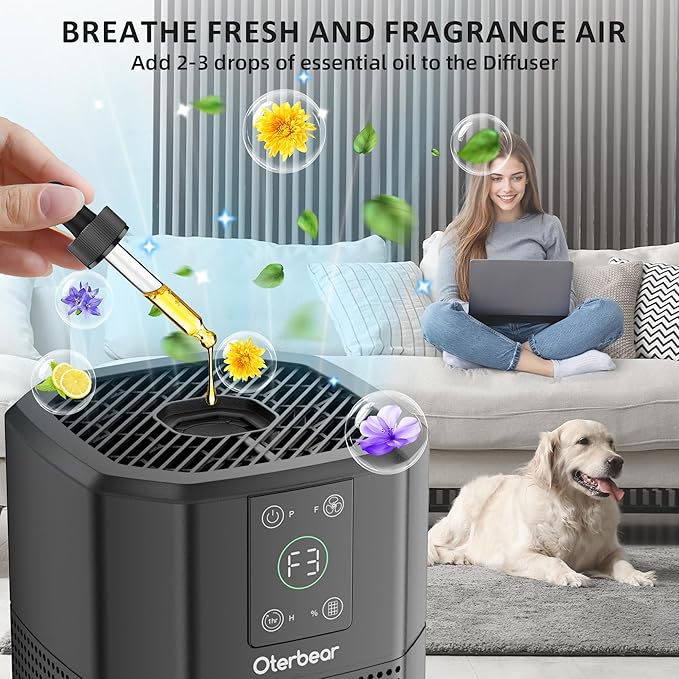 Air Purifiers for Bedroom Home Up to 1350 Ft², Oterbear Room Air Cleaner with H13 True HEPA Filter with Sleep Mode, Aroma Function, Ambient Light, Remove Dander Smoke Pollen Odor, Black
