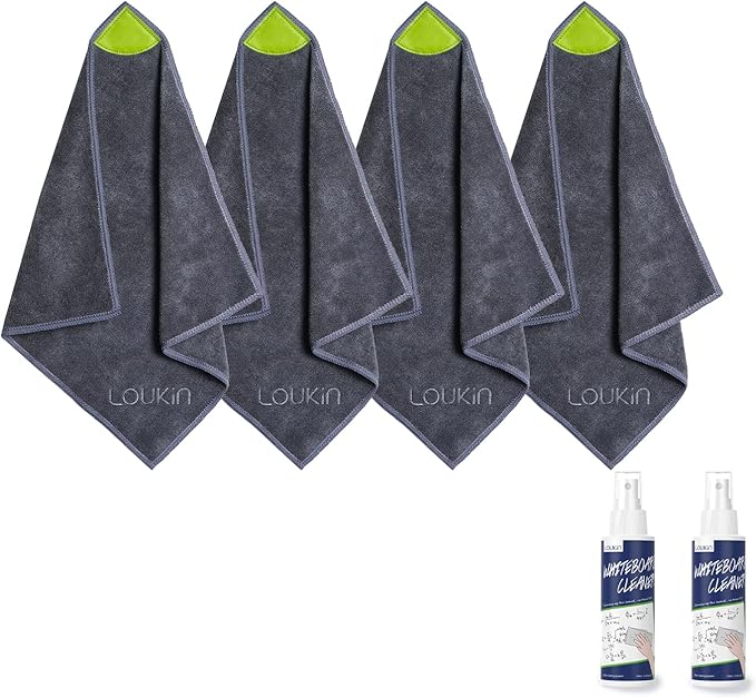 loukin 4 Pack Magnetic Cleaning Cloth, Microfiber Dry Erase Eraser, Washable Whiteboard Cleaning Cloth for Classroom, Home and Office, Gray, 12" x 12" - 3.4 fl oz Whiteboard Cleaner x 2 Included