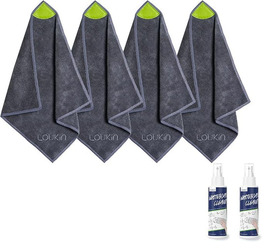 loukin 4 Pack Magnetic Cleaning Cloth, Microfiber Dry Erase Eraser, Washable Whiteboard Cleaning Cloth for Classroom, Home and Office, Gray, 12" x 12" - 3.4 fl oz Whiteboard Cleaner x 2 Included