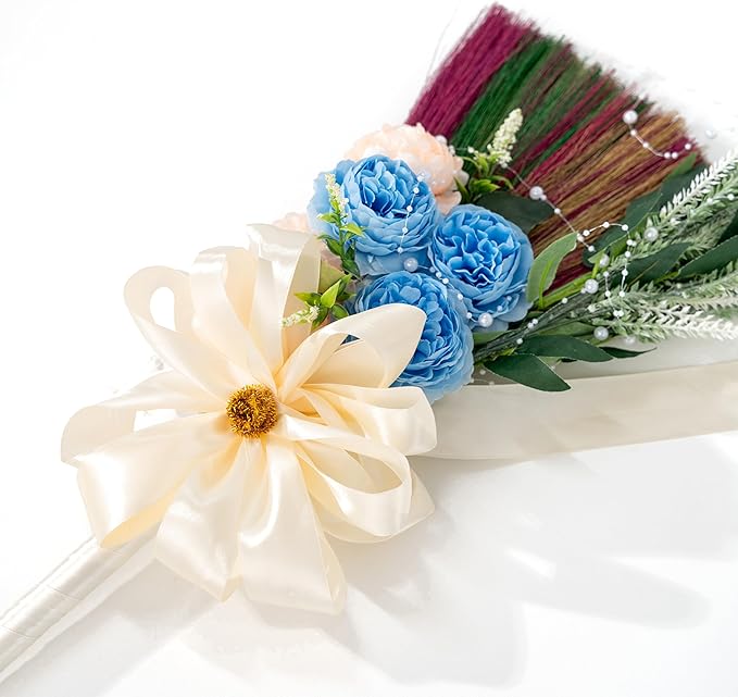 TTS For Home - Elegant Wedding Brooms Bride Bridegroom, Jumping The Broom for Wedding, Natural Whisk Broom with Ribbons, Artificial Pearl, Leaves,Roses for Decorative