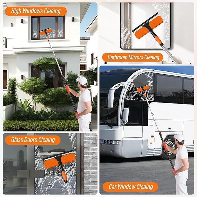 26FT High Window Cleaning Kit with Pole,2 in 1 Window Squeegee for Window Cleaning,5-20FT Professional Window Clean Pole Kit Include Replacement,180°Rotatable Squeegee for Indoor/Outdoor High Windows