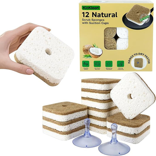 12Pack Kickleen Natural Kitchen Scrub Dish Sponge with Suction Hanger Biodegradable Compostable Cellulose and Coconut Non-Scratch Sponge for Kitchen, Bathroom, Household (White-12)