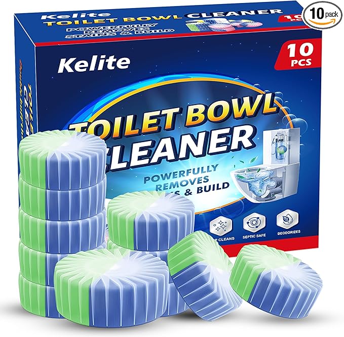 KELITE Automatic Toilet Bowl Cleaner Tablets, 10 Pack Long-Lasting Toilet Tank Cleaner for Bathroom, Blue Water Freshener, Prevents Stains & Odor, Safe for All Toilets (1, 10 Pack (Green+Blue))