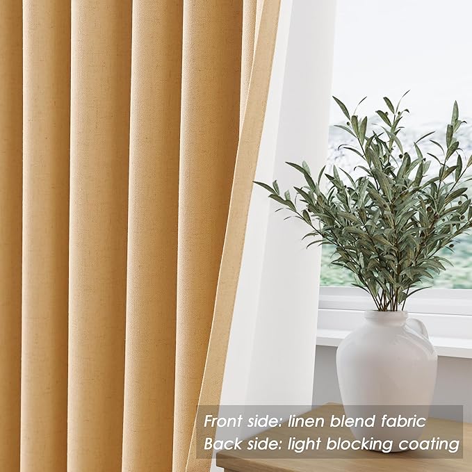Nanspring Camel Linen Blackout Curtains 84 Inches for Bedroom Modern Farmhouse Living Room Draperies Camel Colored Thermal Insulated Full Shading Curtains for Sliding Door 52x84