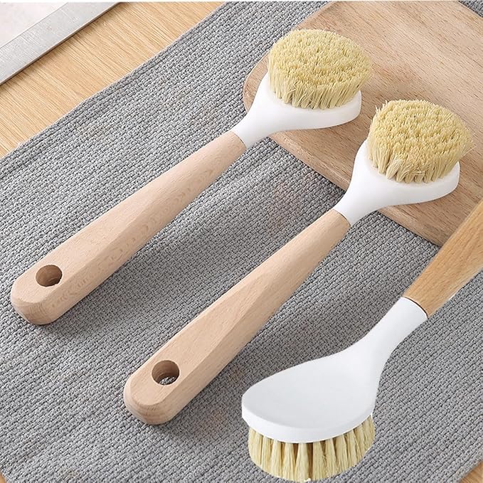 3 Pack Dish Brush Set with Bamboo Handle,Dish Scrubber Built-in Scraper, Scrub Brush for Pans, Pots, Kitchen Sink Cleaning with Tough Bristles for Cleaning Cast Iron Cookware