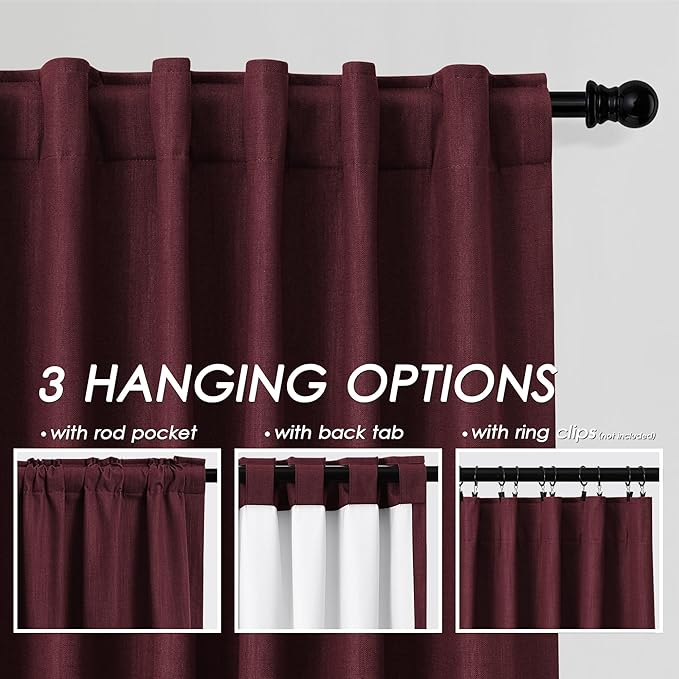 Nanspring Burgundy Linen Blackout Curtains 108 Inches Long Loop Pocket Rod Pocket Flax Linen Sound Absorbing Light Blocking 2 Panels Set for Dining Room Modern Urban Curtains Drapes 52x108