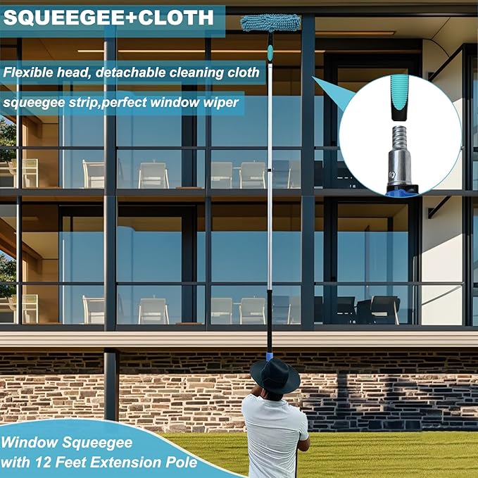 20 Ft+ Reach 2 in 1 Window Squeegee Duster with 5-to-12 Foot Extension Pole, Cleaner Tool with 3-Stage Telescoping Pole, Cleaning Kit with Rotatable Head - Chenille Cloth + Microfibre Cloths Head