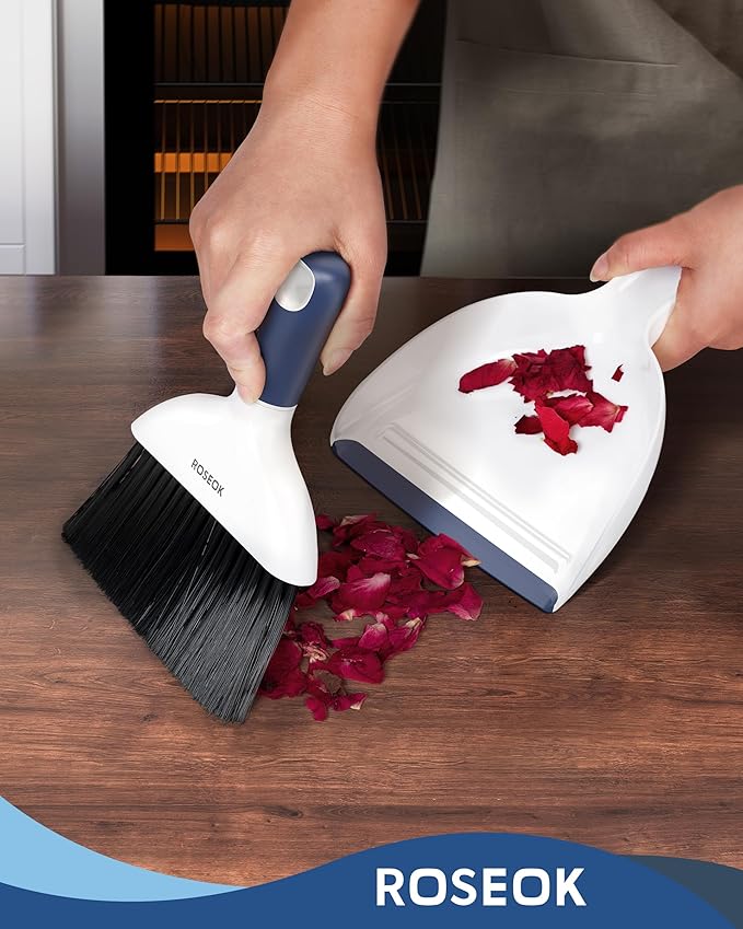 ROSEOK Mini Broom and Dustpan Set for Cleaning, Compact Desktop Dustpan with Brush for Kitchen Counter, Office, Car, Navy Blue, 1 Pack