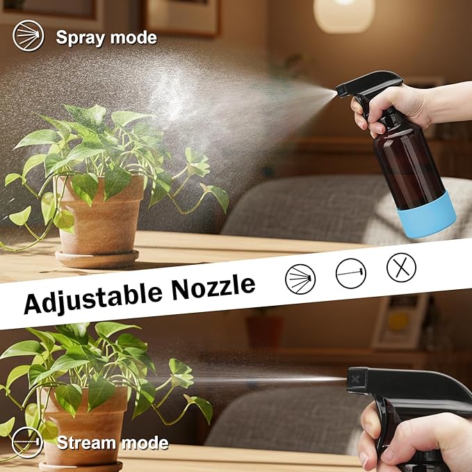 Glass Spray Bottles with Silicone Sleeve 16.9oz 2 Pack Empty Spray Bottle for Hair Mist/Stream Spraying for Cleaning Solutions, Plants, Essential Oils (Brown-sblue&black)