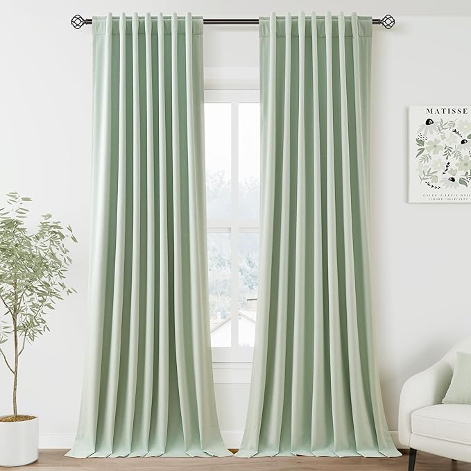 Nanspring Aqua Green Linen Blackout Curtains 96 Inches Long Back Tab Rod Pocket Heat Reducing Noise Cancelling Total Sun Blocking 2 Panels Set for Sliding Door Boho Farmhouse Curtains Drapes 52x96