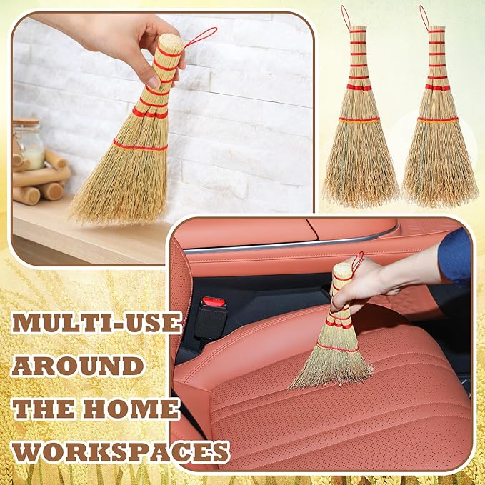 Suclain 2 Pcs Small Corn Whisk Brush Broom 100% Handmade 12 Inch Handheld Brush Whisks Natural Corn Short of Asian Whisk Broom with Nylon Thread Handle for Household Sweeping Indoor Outdoor(Style A)