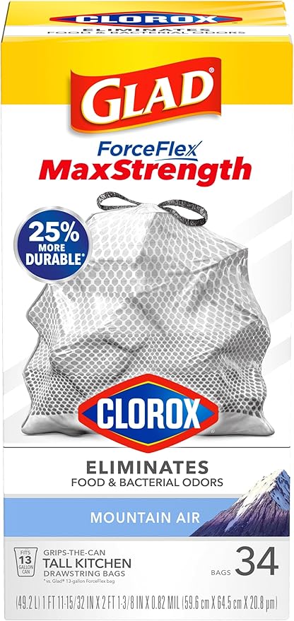 Glad ForceFlex MaxStrength with Clorox Tall Kitchen Trash Bags, 13 Gal, 34 Ct (Package May Vary)