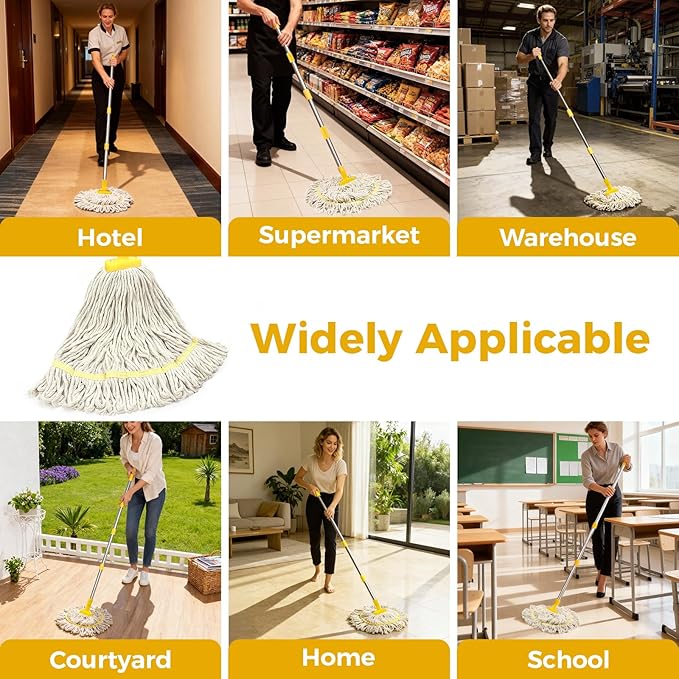 String Wet Mop for Floor Cleaning,Industrial Cotton Mop with Long Handle, Regular Mops for House Kitchen Bathroom Garage Office Hardwood Concrete Tile Floors,Yellow
