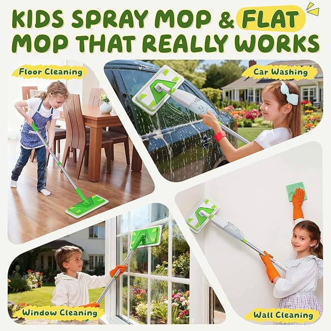 ILAVCLEAN 2-Set Toy Mop for Kids - Toddler Real Spray Flat Floor Mop Montessori Cleaning Toy Set, Educational and Fun Gifts for Boys and Girls Ages 4+