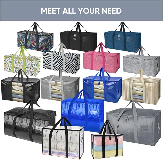 TICONN 4 Pack Extra Large Moving Bags with Zippers & Carrying Handles, Heavy-Duty Storage Tote Moving Boxes for Space Saving