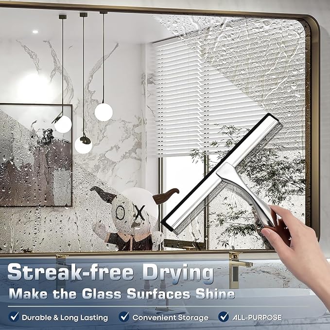 OVSGTTZ Shower Squeegee for Glass Door with 3 Adhesive Hook, Stainless Steel Glass Cleaning Squeegee for Bathroom & Household Window, Mirrors, Tiles and Car, 10 Inches, Clear, Silver