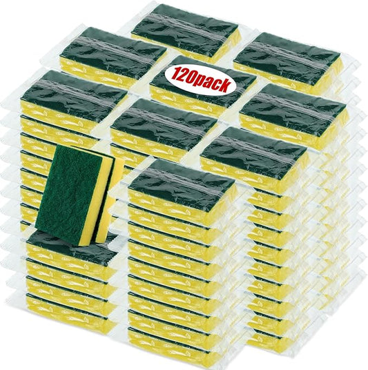 Tanlade 120 Pcs Individually Wrapped Sponge Dishwashing Sponge Bulk Non Scratch Scrub Sponges Kitchen Scouring Pad for Household Cleaning Rental Dishes Hotel Apartment Car (Yellow,Green)