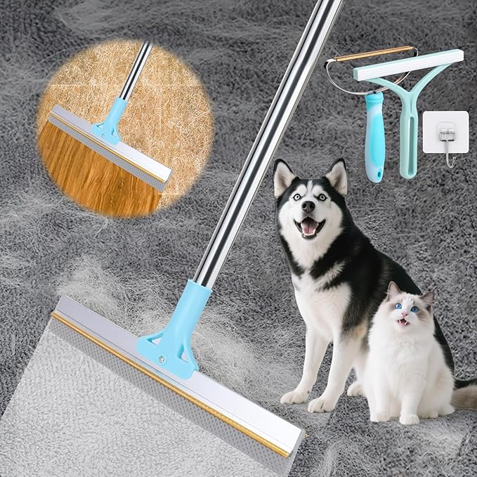 3 Pack Pet Hair Removal Tool, Double Cleaning Carpet Rake for Pet Hair Removal with Lint Remover Brush, 54” Adjustable Dog Cat Pet Hair Removal Broom for Carpets, Car Mat, Couch, Pet Bed, Rugs