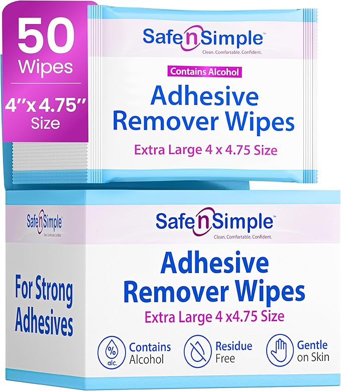 Safe n’ Simple Adhesive Remover for Skin - 50 Individually Wrapped Large 4"x4.75" Alcohol Adhesive Remover Wipes - Medical Isopropyl Alcohol Pads - Gentle Adhesive Removal Wipes for Bandages & Ostomy