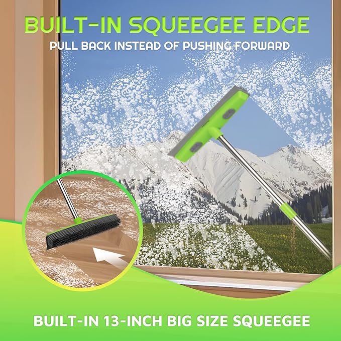 PuraKleen Carpet Rake for Pet Hair Removal with 61" Long Handle, 2 Microfiber Clothes, Squeegee & Pet Silicone Brush,4 in 1 Green Multi-Surface Hair Remover for Rugs,Carpets,Floors, Tiles, Couches