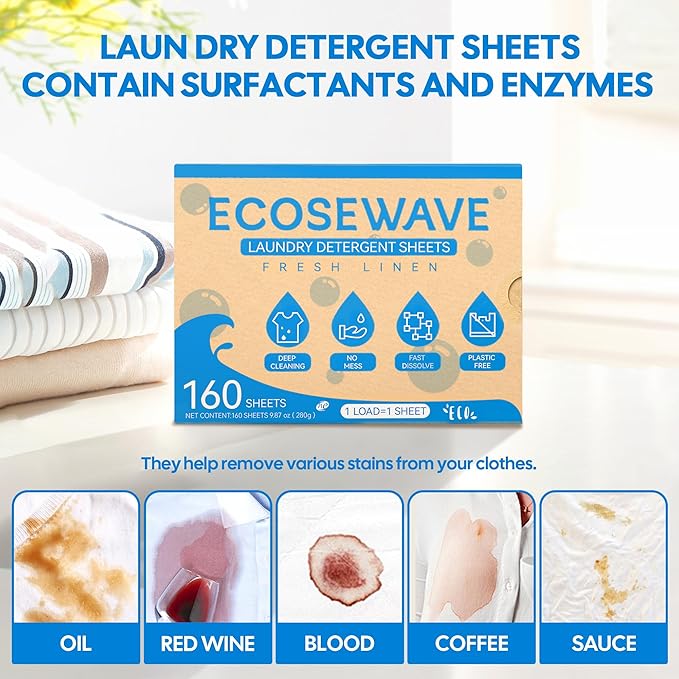 Laundry Detergent Sheets, 160 sheets, Fresh linen Scent, Hypoallergenic and Eco-Friendly Laundry Strip, Perfect for Travel Camping,Apartments, Dorms